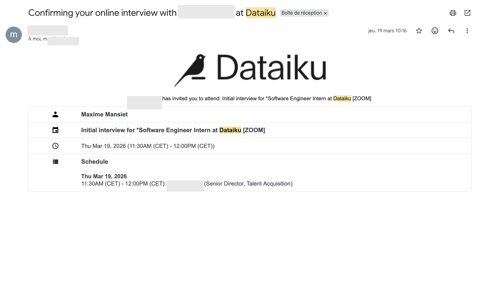 Email envoyé à Dataiku pour Software Engineer Intern