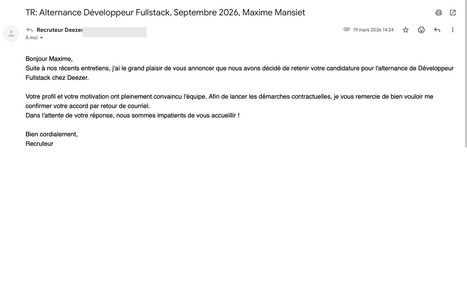 Email envoyé à Deezer pour Alternance Développeur Fullstack