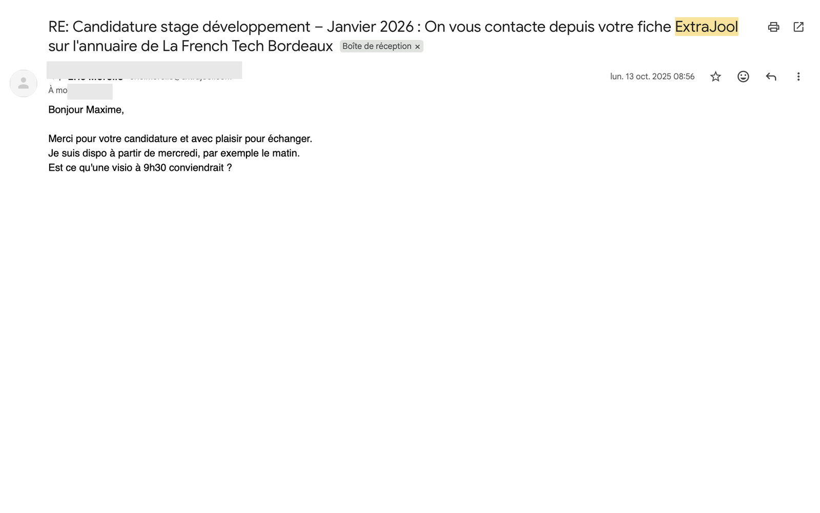 Email envoyé à ExtraJool pour Stage développement