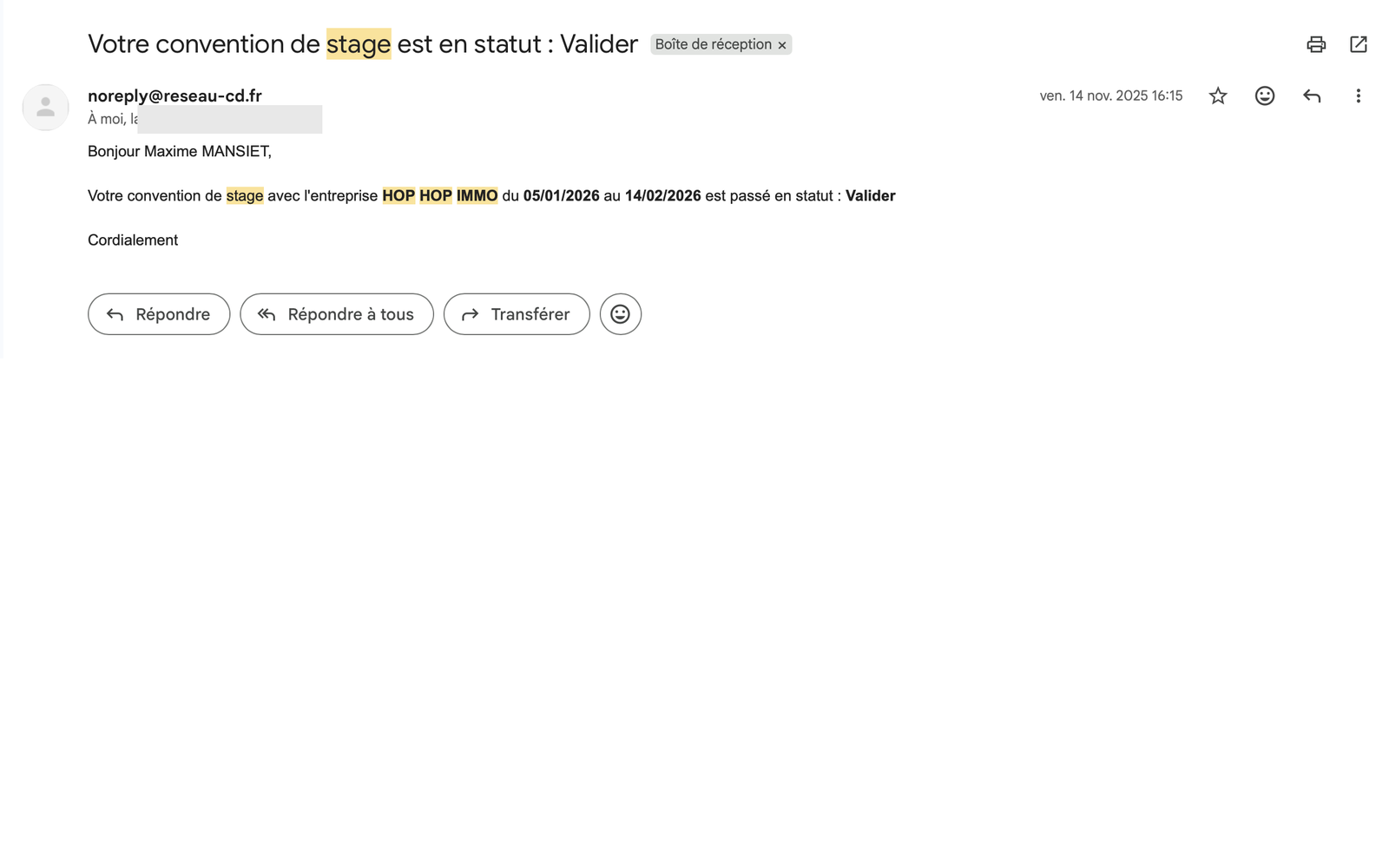 Email envoyé à HOP HOP IMMO pour Convention de stage